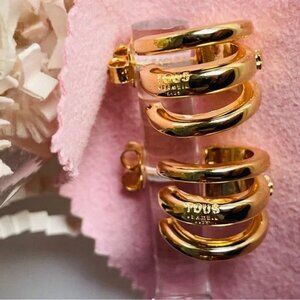 TOUS S925 Gold Overly Silver Bear Mini Three Hoops Pin Earrings